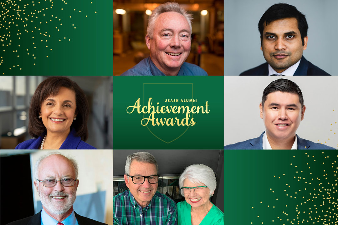 Recipients of the 2022 Alumni Achievement Awards are (clockwise from top): Dr. Dennis Whyte (BE'86, PhD), Palash Sanyal (MWS'18), Kendal Netmaker (BA'11, BEd'11), Maureen Haddock (BEd'70), Gordon Haddock (BComm'72), Dr. Robert Calder (BA'63, MA'65, PhD) and Dr. Sherine Gabriel (MD'82)