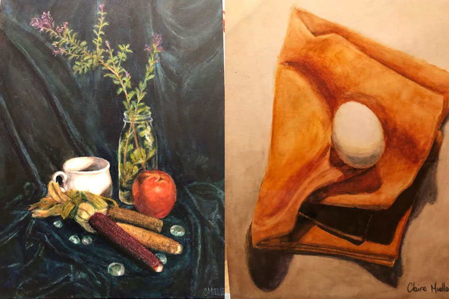 Claire began taking art classes at the age of 10. This image includes two of her paintings. The painting on the left is an assortment of items including a mug, vase, apple and corn cobs. The painting on the right is of an egg resting on a cloth. (Paintings by Claire Mueller.)