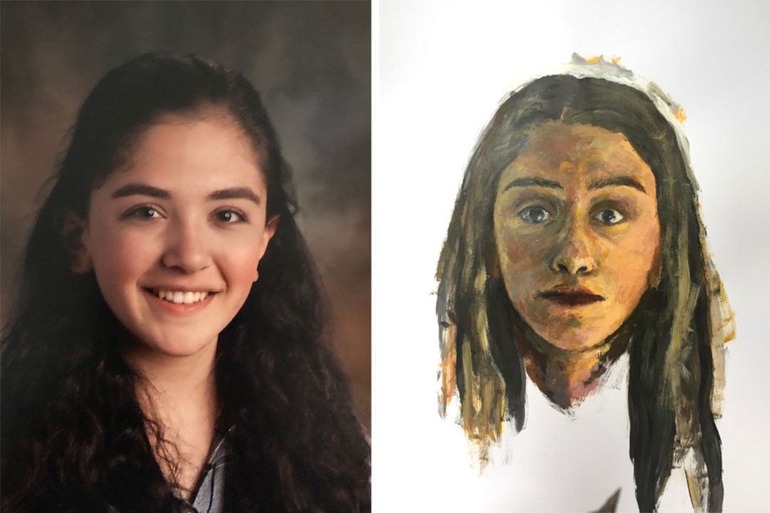 A photo of Claire, left, compared to a self-portrait painted by Claire Mueller.