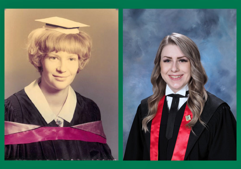 Graduation photos of Taylor Cleveland and her grandmother, Carol Cleveland, side by side.