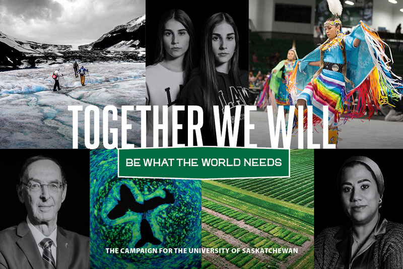 Collage showing members of USask community and images of research.