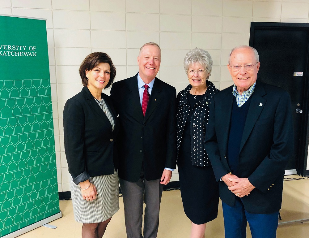 Michelle Prytula, dean of the College of Education (L), with Dr. Rick Schwier, interim associate dean of the new school, and long-time donors and supporters, Jane and Ron Graham (R) at the announcement event on campus. 