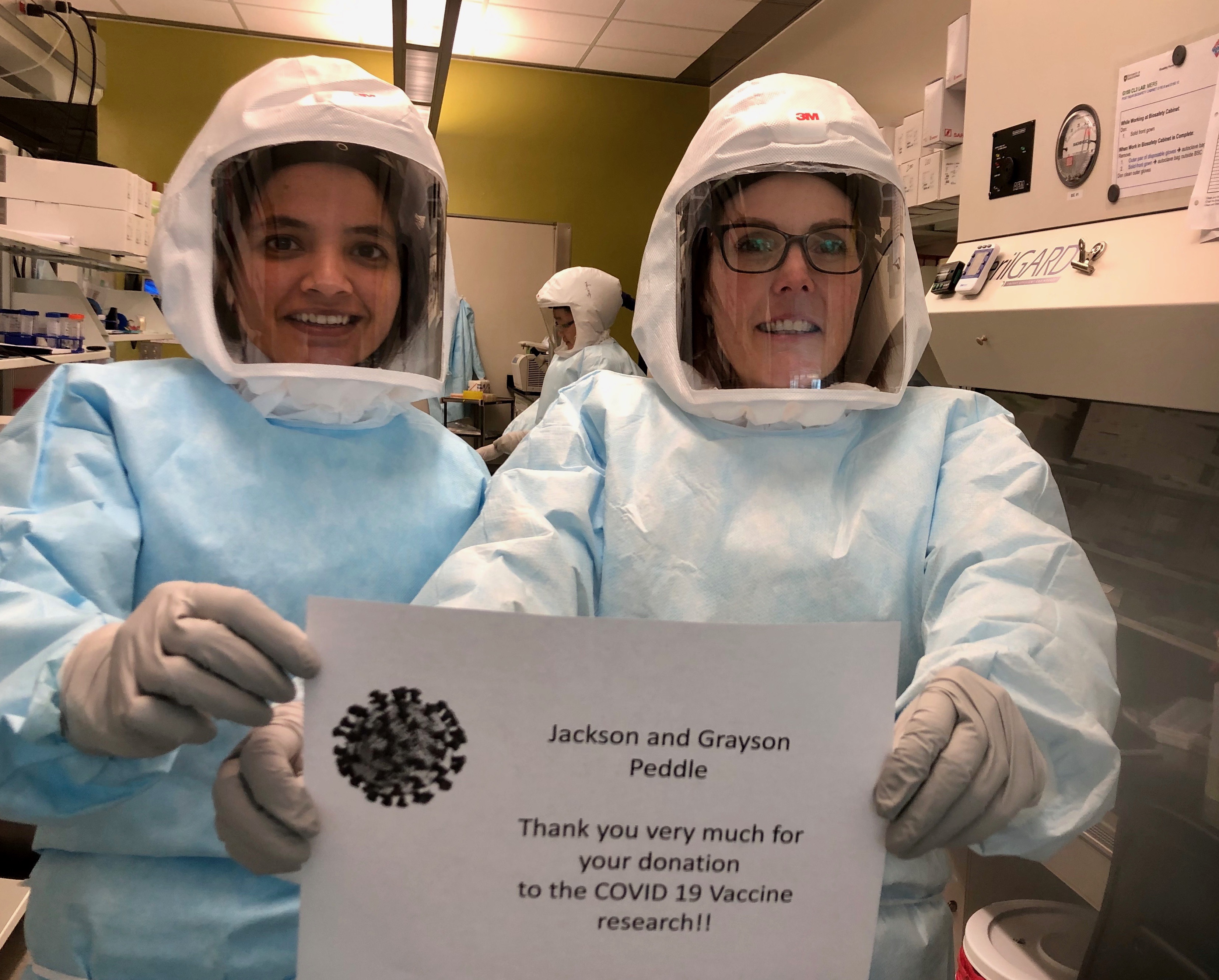 From left: Graduate student, Swarali Kulkarni and research technician, Jill Van Kessel of the VIDO-Intervac research team expressed their gratitude to Jackson and Grayson for their support of the COVID-19 Research Fund. (Photo: Submitted)